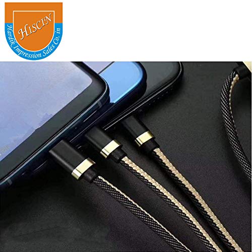 Image of MKU3I1 3 Amp 3 in 1 Nylon Braided Multi Charging Cable Multiple USB Phone Charger Cord Type C /Micro USB & iOS Connector (Black with Golden)