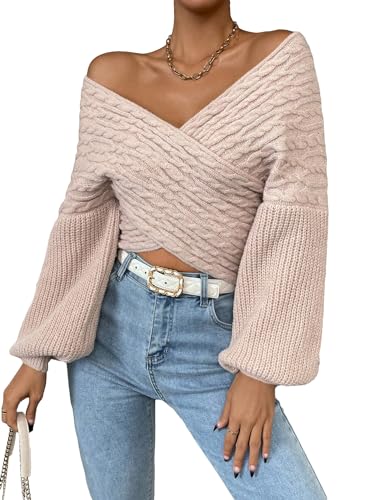 Image of WDIRARA Women's Textured Crossover V Neck Sweater Long Sleeve Drop Shoulder Casual Pullover Tops