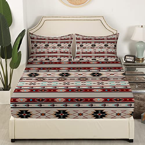 Ethnic Tribal Arrow Fitted Sheet Geometry Aztec Sheet Set,Western Bed Sheets King African Tribe Retro Vintage Exotic Geometric Diamond Sriped Bed Cover,Southwest Native Boho Decor #TOP2