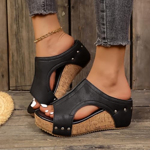 Cork Wedges Platform Slides, Women's Thick Sole Comfy Leather Wedge Non-slip Sandals, Summer Platform Cork Wedge3