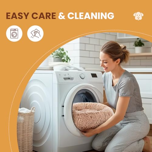 DUMOS Calming Donut Cat & Dog Bed for Medium Dogs, Machine Washable Cuddle Warming Cozy Fluffy Faux Fur Plush Round Dog Bed, Anti-Anxiety Waterproof Anti-Slip Pet Bed, Brown, 24×24×8 Inches - Image 6