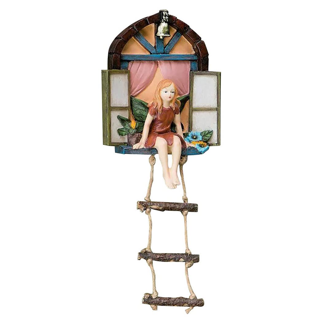 Monetais Girls As Show Fairy Garden Window Statue Miniature Ladder Hanging Tree Sculpture Micro Landscape Ornament Decoration Miniature Fairy