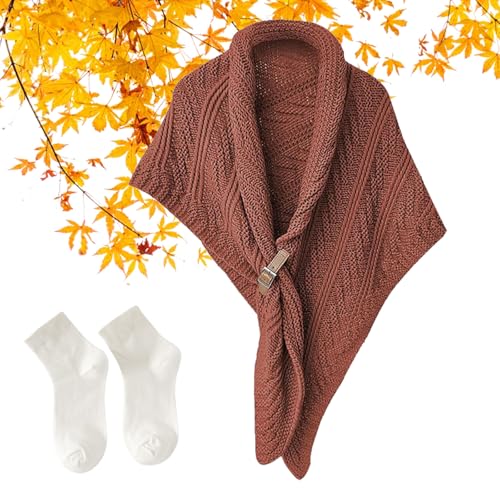 LONGLUAN Knitted Triangle Shawl with Leather Buckle, Vintage Knitted Shawl Triangle, Knitted Shawl Wraps for Women