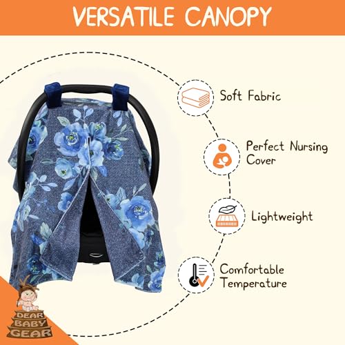 Image of Dear Baby Gear Blue Baby Car Seat Canopy + Snap Button Opening - Carseat Canopy for Daily Use - Cover for Newborn Car Seats - Stylish Nursing Cover - Floral Highland Cow, Denim Floral, 40 inch x 30 inch