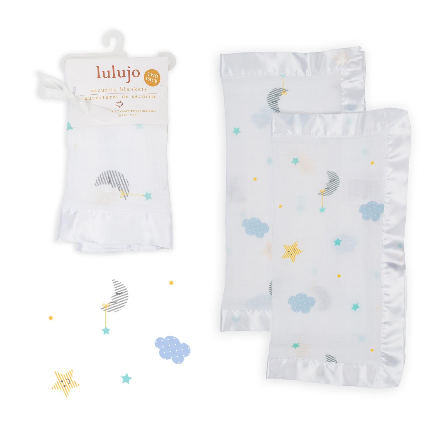 lulujo Baby Cotton Muslin Security Blankets, Pack of 2, 16 x 16-Inches, Dreamland (PW000948)