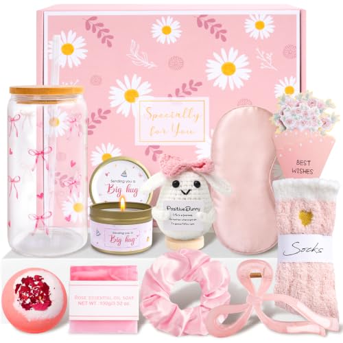 KKSJK Regalos para Mujer, Regalos de Cumpleaños para Mujeres, Cesta de Regalo para Amigas, Hermanas, Madres, Hijas, Esposas, Novias y Compañeras, Incluye Vaso, Antifaz para Dormir, Vela (Rosa)