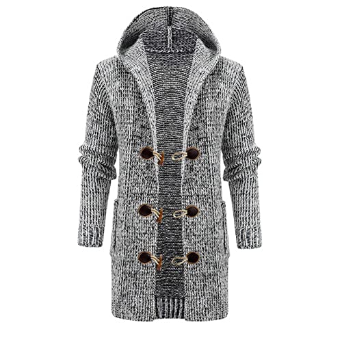Rkwins Long Hooded Cardigan Men Big and Tall Knit Sweater Horn Button Jacket Sweater Casual Long Sleeve Sweaters with Pockets