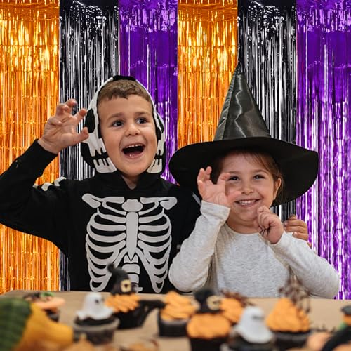 Image of TONIFUL 2Pcs Orange Purple Black Metallic Tinsel Foil Fringe Curtains,3.28ft x 6.56ft Halloween Photo Booth Backdrop Streamer,Photo Props,for Party Door Wall Curtains Wedding Birthday(6.6ft x 6.6ft)