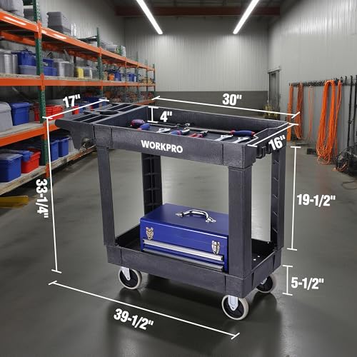 Image of WORKPRO 500 lb 2-Tier Rolling Tool Cart with Locking Casters | 500 lbs Capacity, 360 Swivel Locking Casters, PP Plastic, Rolling Tool Cart, For Garage, Home, Warehouse
