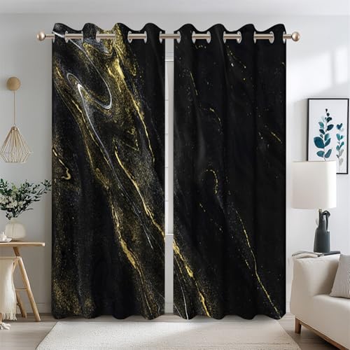 Ttincceer 140x260cm Black Marble Blackout Curtains Abstract Black Gold Texture Marble Room Darkening Drapes for Bedroom Modern Art Luxury Window Curtain Thermal Insulated 2 Panels