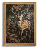 Framed 3D Textured Vintage Wall Art - Dark Academia Decor Sika Deer Hand Drawn Sandstone Paintings with Botanical Florals, Aesthetic Wall Decor for Living Room Bedroom Home 8x10 inch