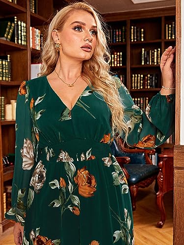 Image of Simplee Women's Plus Size Wedding Guest Dress Flowy Fall Floral Long Sleeve Maxi Dress V Neck Empire Waist Boho Maternity Dress for Photoshoot (4XL Emerald Green)