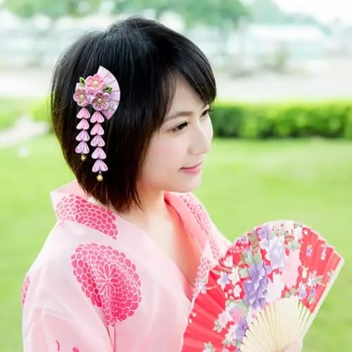 Pinza con borla japonesa para cabello en forma de abanico rosa miniatura 3