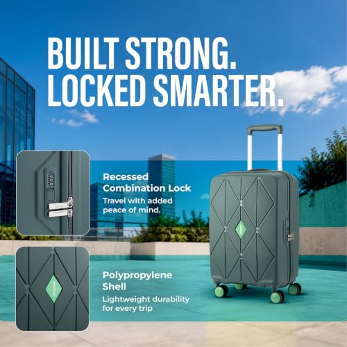 Image of American Tourister Qubiz | Cabin Trolley Bag (55 cm) | 360 8 Wheel Travel Luggage | Hard Case Polypropylene Suitcase | Recessed Combination Lock | Green