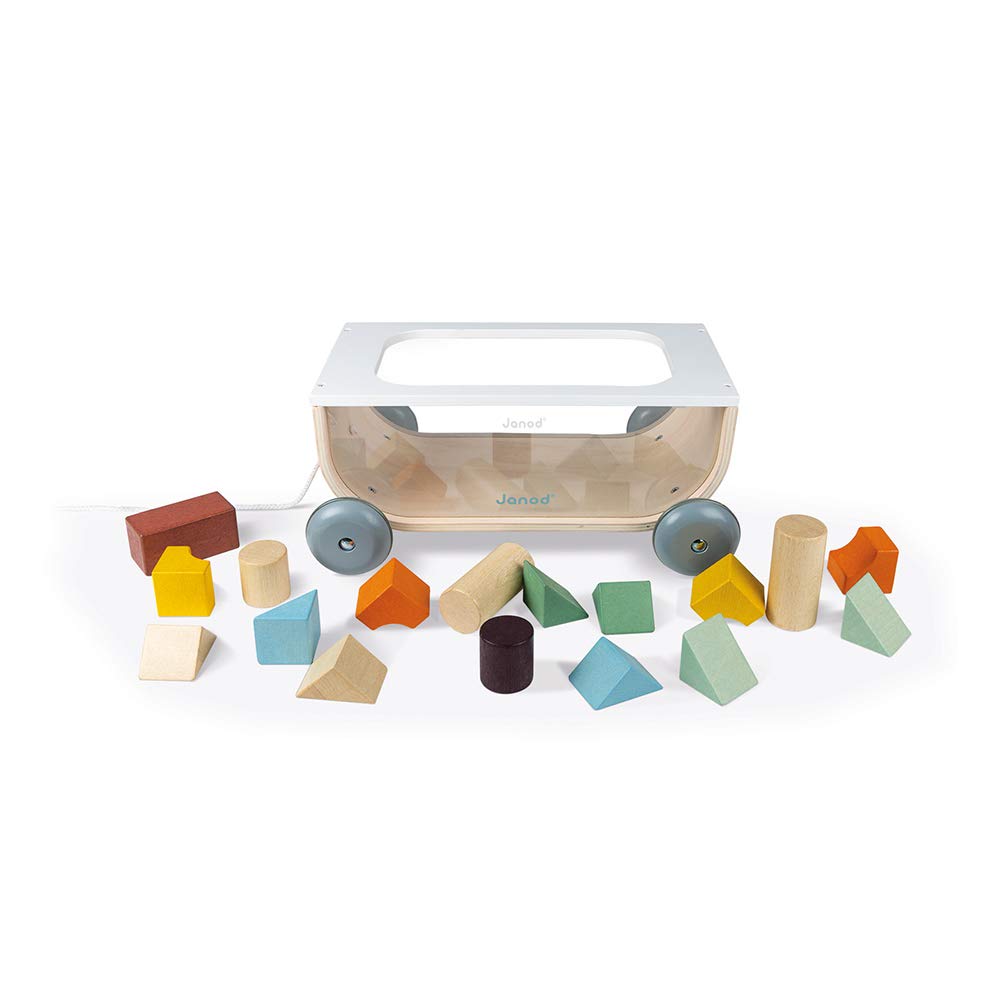 Janod - Carrito de Cubos de Madera - Colección Sweet Cocoon - Juguete de Estímulo para Bebés Pintado al Agua - Juguete de Arrastre - Aprender a Andar - A Partir de 18 Meses, J04407