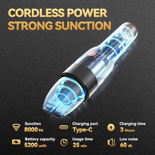 Image of Handheld Vacuum Cordless -Car Vacuum Portable Rechargeble -Hand Held Small Vacuum Cleaner Car Seats, Home, Quick Clean up, Strong Suction, Lightweight, Includes Crevice Nozzle & Brush-H3