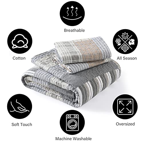 Image of PANGUSHAN Quilt Set Queen Size, 100% Cotton Quilt Bedding Set Bedspreads, Patchwork Plaid Farmhouse Reversible Lightweight Comforter Bed Spread for Queen Bed, Gray /Brown, 3 Pieces