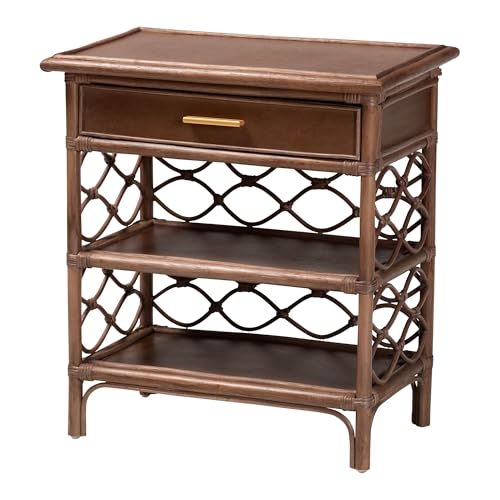 Bali & pari Akane Natural Rattan Nightstand with Drawer and Open Shelves – Coastal Bedside Table with Lattice Design, Brown, 1-Drawer, 24-inch Wide - Image 3