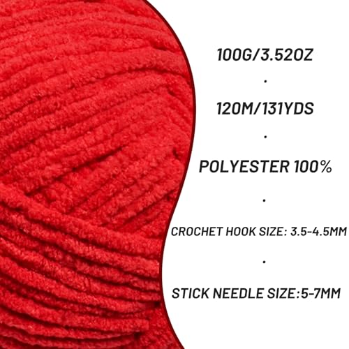 Image of 3 Packs Plush Chenille Chunky Crochet Yarn - Baby Yarn for Crocheting Soft - Velvet Yarns Knitting for Blankets Crafts - Fluffy Amigurumi Yarns 300g / 393yd (3 Red)