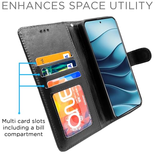 Image of Amazon Basics Flip Cover for Redmi Note 14 5G Leather Finish | Wallet Stand and Shock Proof | Inside TPU with Card Pockets | Complete Protection Flip Case (Black)