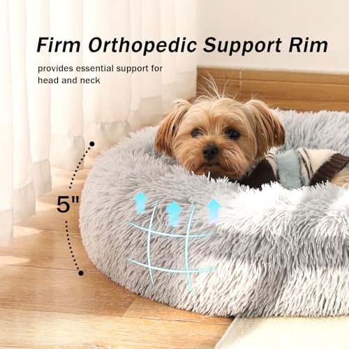 Image of NOYAL Calming Donut Dog Bed for Small to Medium Dogs & Cats - Plush Faux Fur Anti-Anxiety Pet Bed with Machine Washable Cover & Non-Slip Base