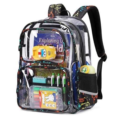 Sisipoet Clear Backpack for School, Heavy Duty PVC Transparent Bookbag, Funny Kids Backpacks with Game Print, Black