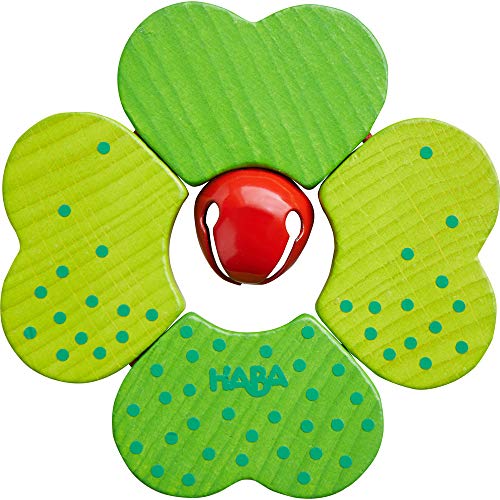 Image of HABA Wooden Shamrock Baby Teether Toy with Jingle Bell, Sensory Toy for Babies 6-18 Months, Wooden Baby Toys and Teething Ring Baby Gift, Made in Germany