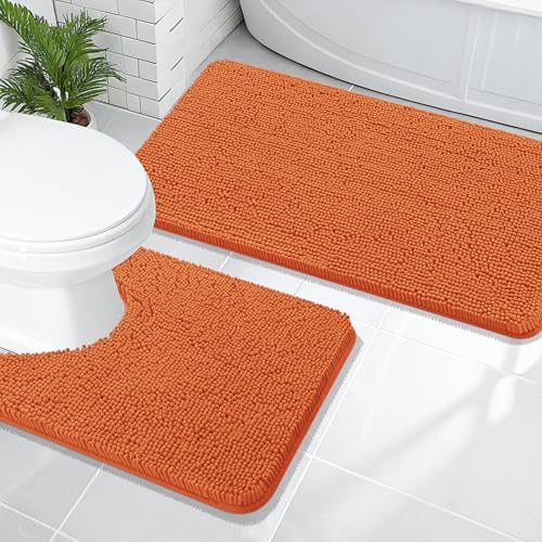 Image of OLANLY Bathroom Rugs Sets 2 Piece, Soft Absorbent Chenille Bath Mats and U-Shaped Contour Toilet Mat Area Rug Set, Machine Washable Bath Carpet, Home Decor Accessories(47 inchx20 inch+24 inchx20 inch, Clay)