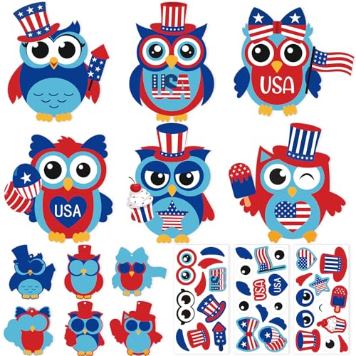 PAIVSUN 24Pcs 4th of July Crafts for Kids DIY Owl Stickers Crafts Kit Make Your Own Patriotic Arts Activity Memorial Independence Day Decorations Gifts for Classroom Home Party Supplies