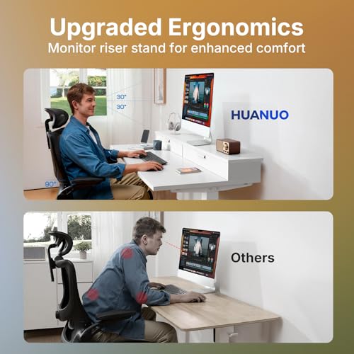 Image of HUANUO 32 inch X 21 inch Electric Standing Desk with 2 Drawers, C-Clamp Mount Compatible, Height Adjustable Computer Desk, Home Office Stand Up Desk with 4 Preset Heights & 2 Hooks, White