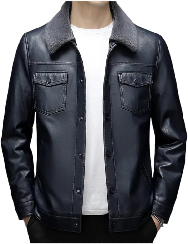 Winter Leather Coat Men's Lapel Collar Leather Jacket Casual Warm Men Down Jackets Coats