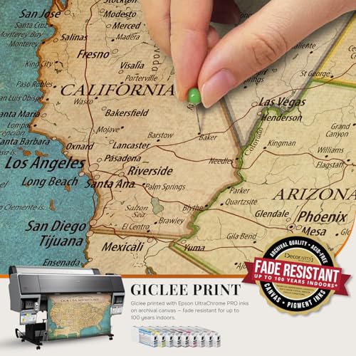 Image of DECORARTS - Oversized Personalized Push Pin Travel Map USA, Custom Name, Pin Board Canvas Wall Art, Antique Old United States Decor, Optional Wood Frame, Giclee Print, Handcrafted in USA, 40x30''