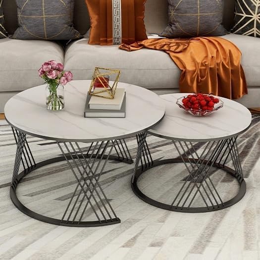 Image of Brown Art SHOPPEE Home Decor Furniture Round Coffee Table Sets,2 Piece MDF Top Couch Table,Stacking Nesting Table with Iron Frame for Living Room Living Room or Lounge (Black & White)