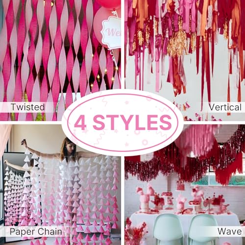 Image of PartyWoo Pink Crepe Paper Streamers 6 Rolls 492 ft Pack of Light Pink Burgundy Crepe Paper for Baby Shower Gender Reveal Bachelorette Birthday Party Decorations (1.8 Inch x 82 Ft /Roll), Pink-728