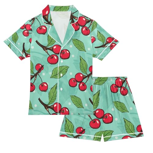 senya Fruit Cherry Satin Summer Pajama Sets Silk Short Sleeve Button Down Sleepwear