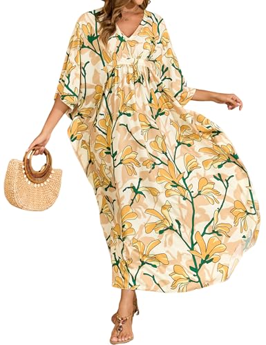 MAKABO Summer Thin Kaftan Dresses for Women, Hawaii Colorful Floral Print Cover Ups Caftan Beach...