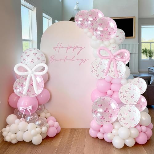 Image of Pink Bow Balloons, 62Pcs Pastel Light Pink Clear White Bow Latex Balloons, 12Inch Transparent Bowknot Print Helium Balloon for Girls Women Princess Coquette Birthday Wedding Bridal Baby Shower Party