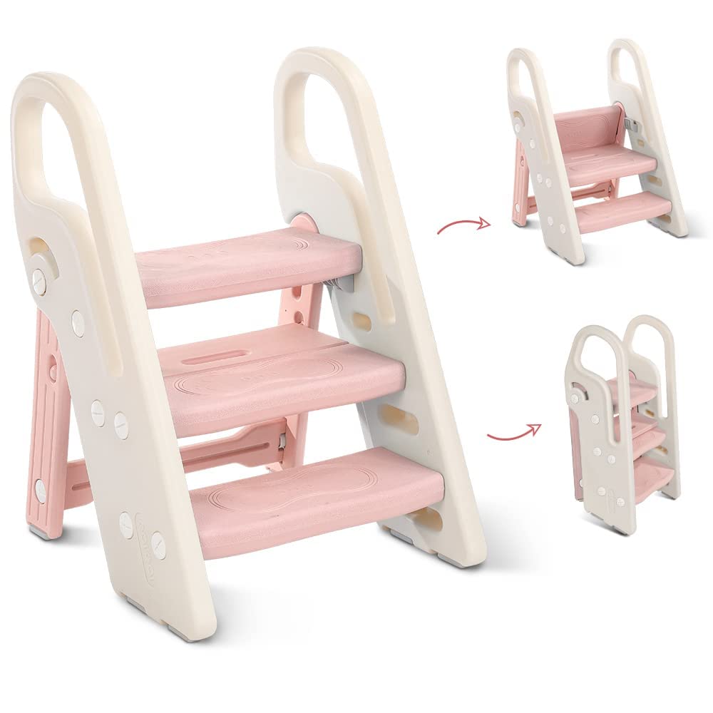 Onasti Three-Step Folding Step Stool for Kids, 3 Step Ladder for Kids, Toilet Training Seat, Multi-Function, Adjustable Height, Non-Slip (Pink)