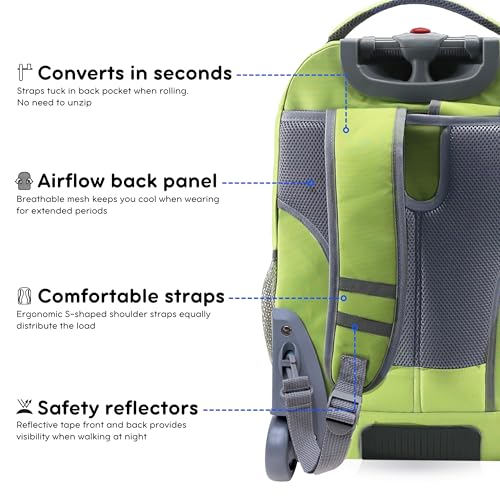 Image of J World Sundance Laptop Rolling Backpack for Girls Boys. Roller Bookbag with Wheels, 20 Inch, Celery