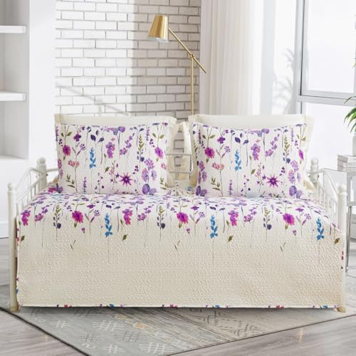 Image of Jarson 3 Pcs Floral Daybed Cover Set Twin Size Purple White Lilac Flower Sofa Cover Bedding Sets Double Side Bed Set for All Season Botanical Pattern Daybed Quilt Set with Pillow Shams