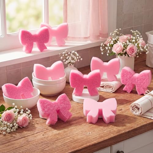 Image of Tioncy 12 Pack Pink Bow Sponges Bulk Preppy Dual Sided Scrubber Stylish Pink Bow Sponges Reuseble Non Scratch Dishwashing Kitchen Cleaning Accessories for Cookware Pot Boiler Pan Household