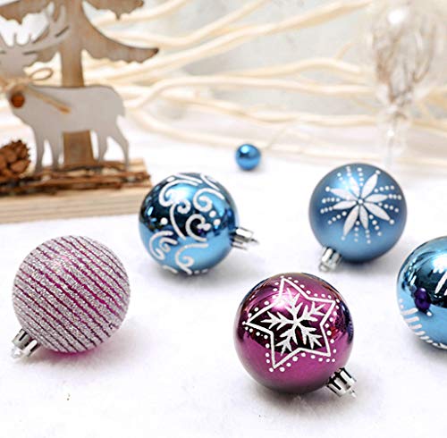 Alimitopia 24Pcs Christmas Ball Baubles,2.4" Shatterproof Assorted Painting Patterns Hang Balls Pendant For Xmas Tree Decoration(6Cm,Blue&Purple) #TOP2