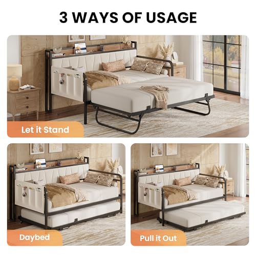Image of LIKIMIO Twin Daybed, Day Bed with Trundle, Storage Upholstered Headboard and Charging Station, Trundle Bed with Strong Supports for Living Room, Bedroom, and Guest Room, Wood and Beige