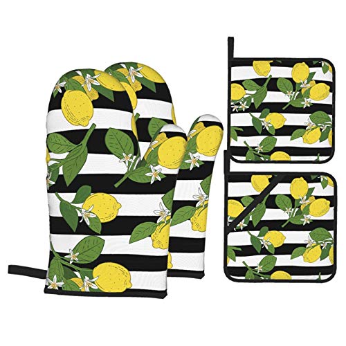Msacrh Lemon Oven Mitts And Pot Holders Sets Of 4,Resistant Hot Pads With Polyester Non-Slip Bbq Gloves For Kitchen,Cooking,Baking,Grilling #TOP15