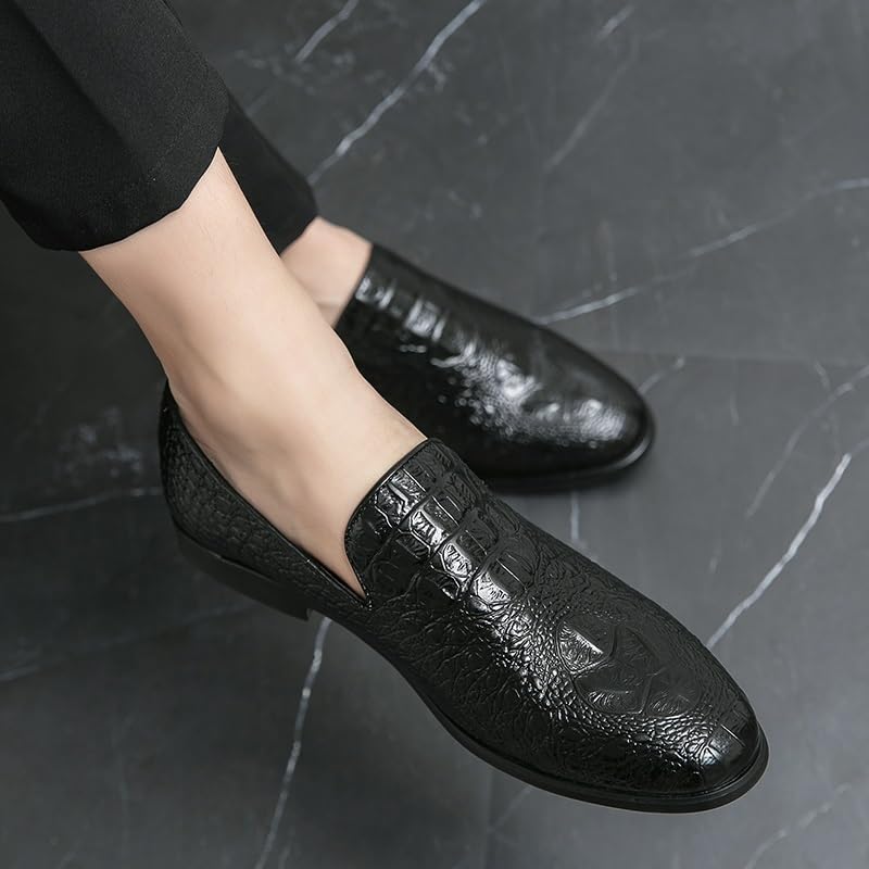 Dress Oxford for Men Slip On Round Burnished Toe Vegan Leather Crocodile Print Anti-Slip Block Heel Slip Resistant Walking4