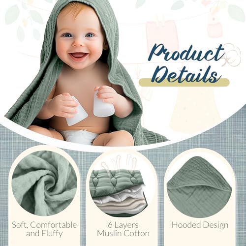 Image of VitalCozy 8 Pcs Baby Muslin Hooded Bath Towels and Washcloths, Muslin Hooded Baby Towels Absorbent Blankets for Gift Newborn Infant Shower (Dark Green,Dark Blue)