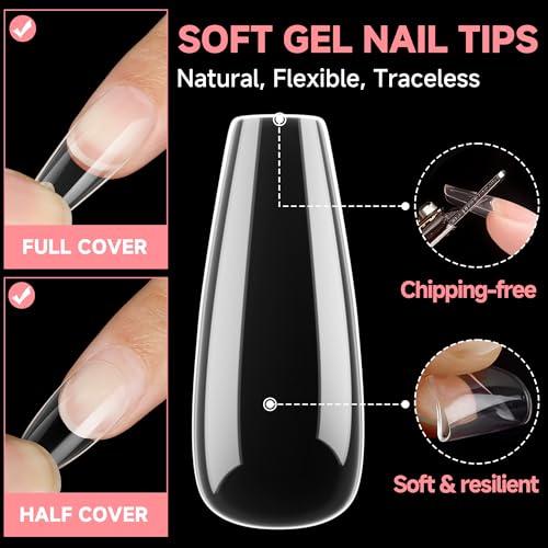 Image of UNA GELLA Long Coffin Nails Tips, 504PCS Soft Gel Nail Tips Coffin 12 Sizes Clear Full Cover Press on Nails False Nails for Acrylic Nails Professional Nail Extensions Art DIY Salon Soak Off Easy
