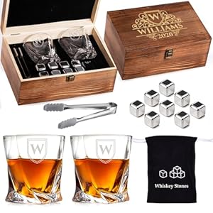 Custom Monogram Name Year Whiskey Gift Set of 2 Glasses, Tongs, & Stainless Steel Whiskey Stones – Personalized Premium Wood Box for Men Gift for Husband, Dad, or Him