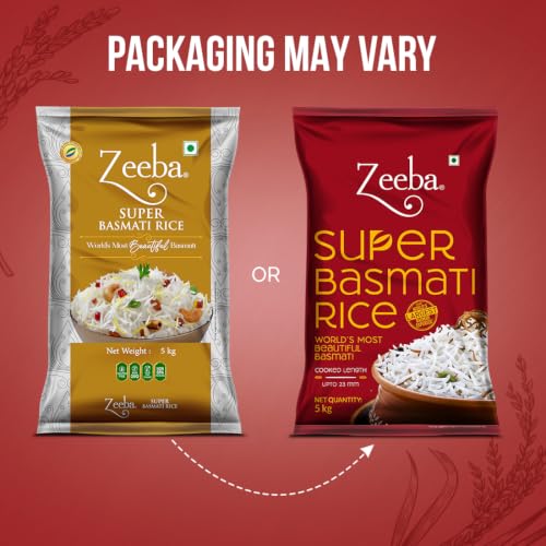 Image of Zeeba Super Basmati Rice 5 Kg, Fluffy & Naturally Aromatic, Gluten Free Fine Grains (Cooked length upto 23mm*)