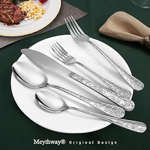 Meythway 40 Piece Vintage Carved Silverware Set for 8 Stainless Steel Flatware Set with KnifeForkSpoon Cutlery Set for Home and Kitchen Utensil Set with Dishwasher Safe